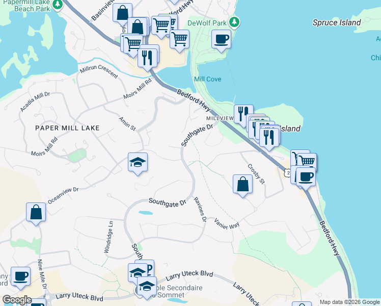 map of restaurants, bars, coffee shops, grocery stores, and more near 120 Southgate Drive in Bedford