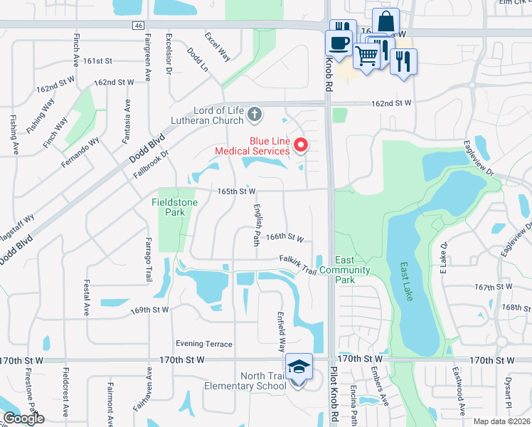 map of restaurants, bars, coffee shops, grocery stores, and more near 16565 Endeavor Lane in Lakeville