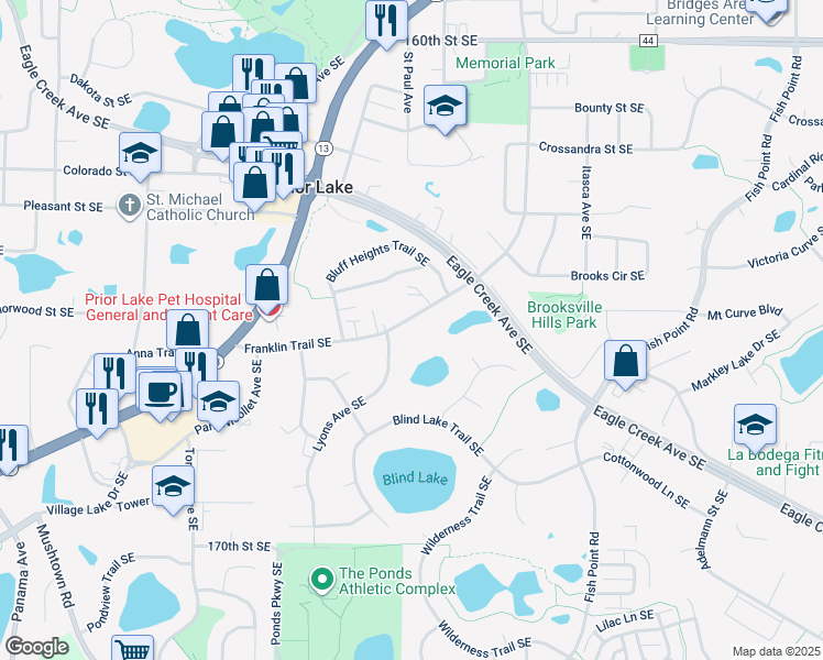 map of restaurants, bars, coffee shops, grocery stores, and more near 16517 Franklin Trail Southeast in Prior Lake