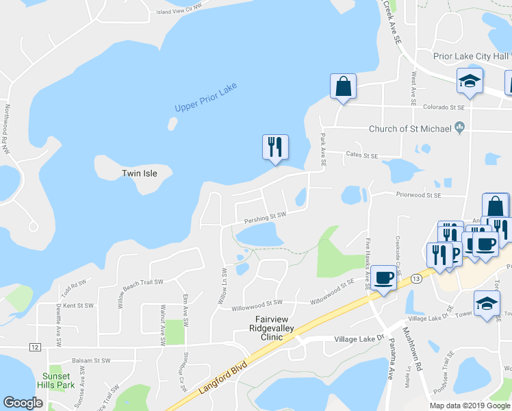 map of restaurants, bars, coffee shops, grocery stores, and more near 3857 Roosevelt Street Southwest in Prior Lake