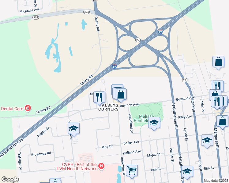 map of restaurants, bars, coffee shops, grocery stores, and more near 50 Asbury Lane in Plattsburgh