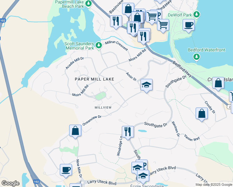 map of restaurants, bars, coffee shops, grocery stores, and more near 71 Royal Masts Way in Bedford