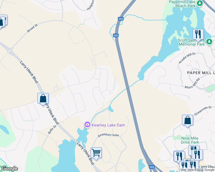 map of restaurants, bars, coffee shops, grocery stores, and more near 106 Tilbury Avenue in Bedford