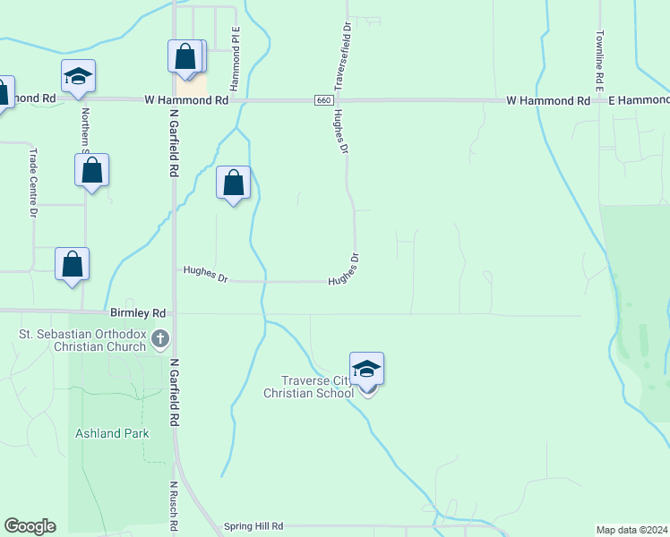 map of restaurants, bars, coffee shops, grocery stores, and more near 404 Hughes Drive in Traverse City