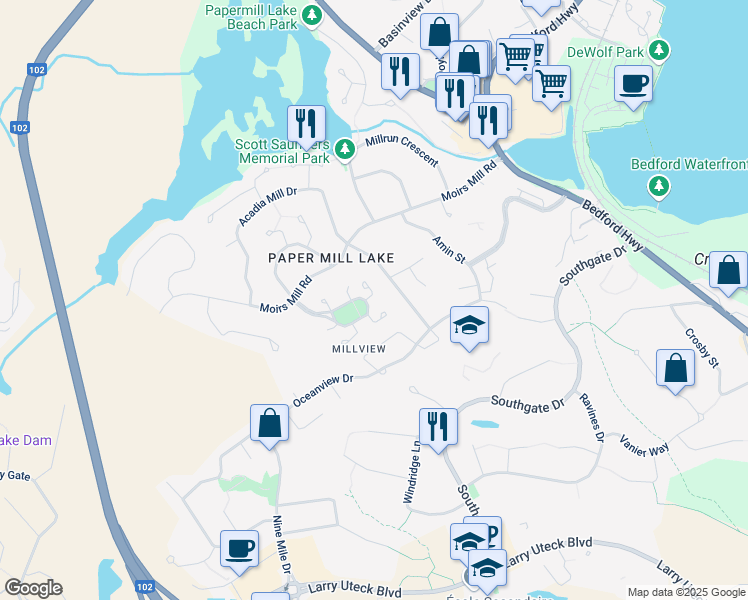 map of restaurants, bars, coffee shops, grocery stores, and more near 2 Clipper Court in Bedford
