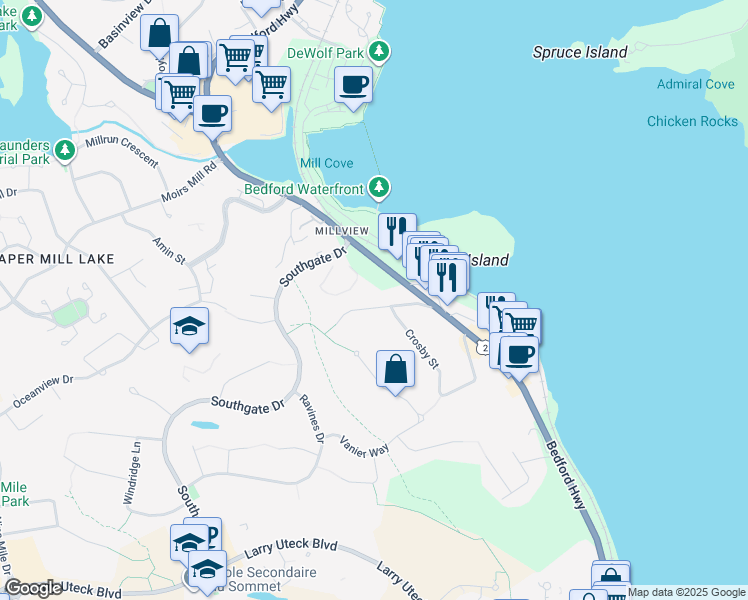 map of restaurants, bars, coffee shops, grocery stores, and more near 13 Glenmont Avenue in Bedford