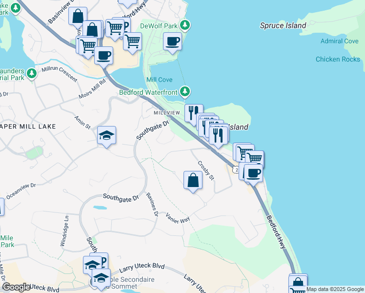 map of restaurants, bars, coffee shops, grocery stores, and more near 13 Glenmont Avenue in Bedford