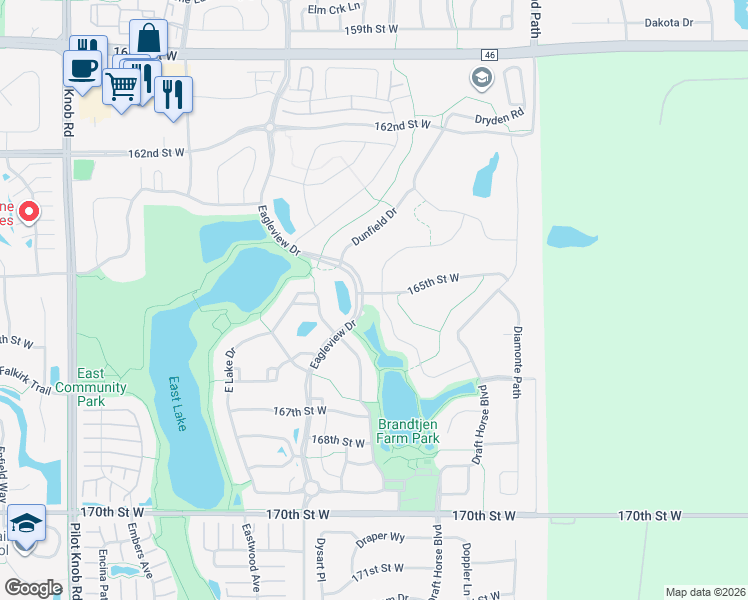 map of restaurants, bars, coffee shops, grocery stores, and more near 16529 Duluth Trail in Lakeville