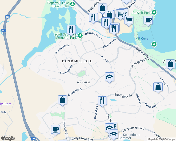 map of restaurants, bars, coffee shops, grocery stores, and more near 3 Clipper Court in Bedford