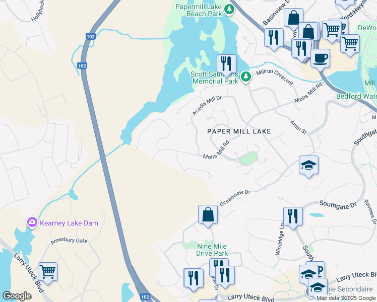 map of restaurants, bars, coffee shops, grocery stores, and more near 331 Moirs Mill Road in Bedford