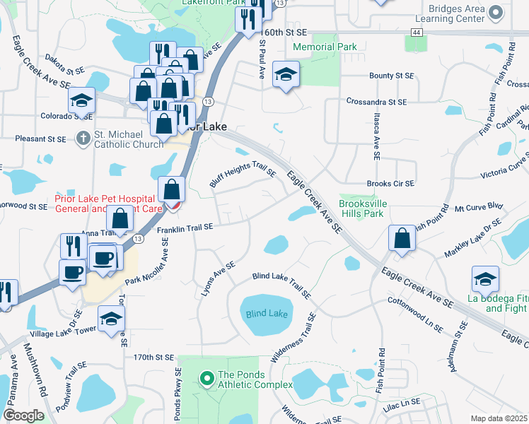map of restaurants, bars, coffee shops, grocery stores, and more near 16517 Franklin Trail Southeast in Prior Lake
