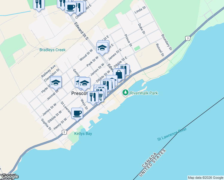 map of restaurants, bars, coffee shops, grocery stores, and more near 192 King Street West in Prescott