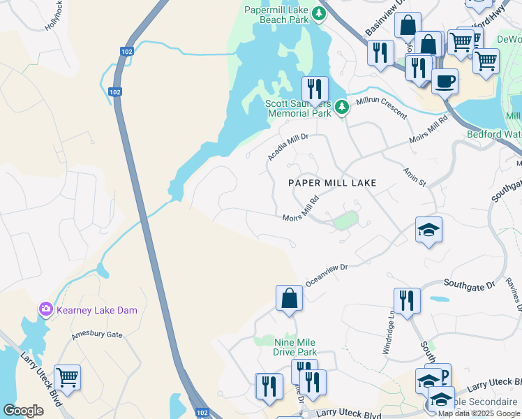 map of restaurants, bars, coffee shops, grocery stores, and more near 331 Moirs Mill Road in Bedford