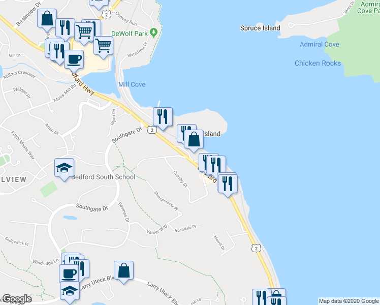 map of restaurants, bars, coffee shops, grocery stores, and more near 805 Bedford Highway in Bedford
