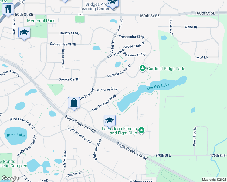 map of restaurants, bars, coffee shops, grocery stores, and more near 16609 Markley Lake Drive Southeast in Prior Lake