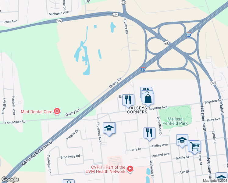 map of restaurants, bars, coffee shops, grocery stores, and more near Adirondack Northway in Plattsburgh