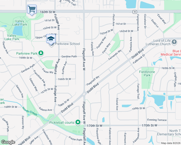 map of restaurants, bars, coffee shops, grocery stores, and more near 16576 Flagstaff Avenue West in Rosemount