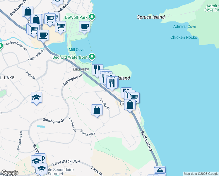 map of restaurants, bars, coffee shops, grocery stores, and more near 805 Bedford Highway in Bedford