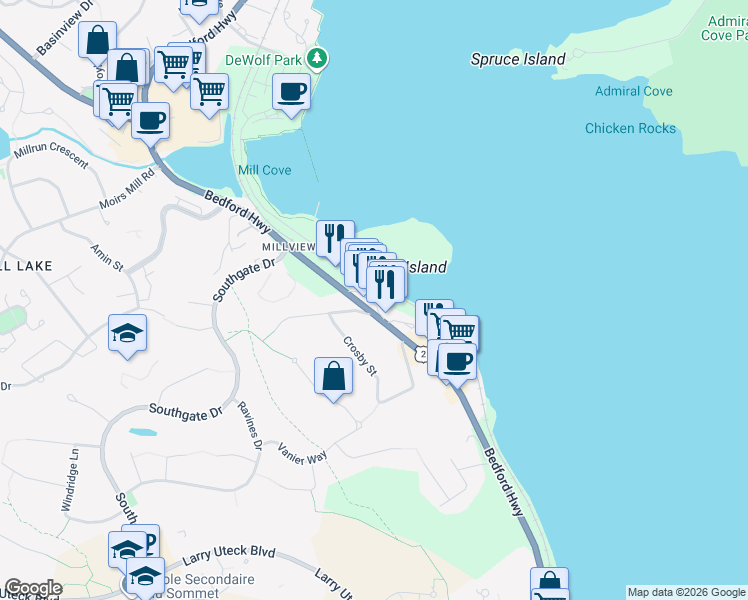 map of restaurants, bars, coffee shops, grocery stores, and more near 811 Bedford Highway in Bedford