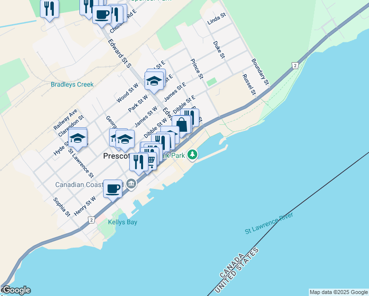 map of restaurants, bars, coffee shops, grocery stores, and more near 131 King Street West in Prescott