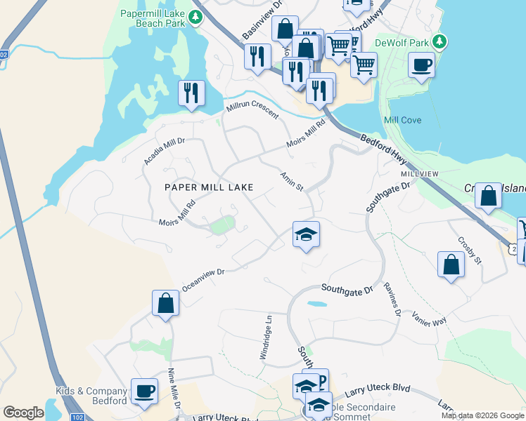 map of restaurants, bars, coffee shops, grocery stores, and more near 68 Royal Masts Way in Bedford