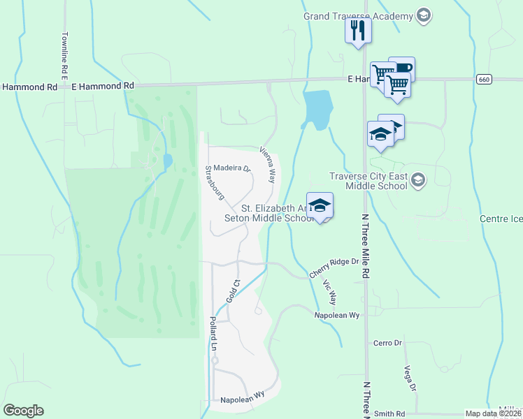 map of restaurants, bars, coffee shops, grocery stores, and more near Vienna Way in Traverse City