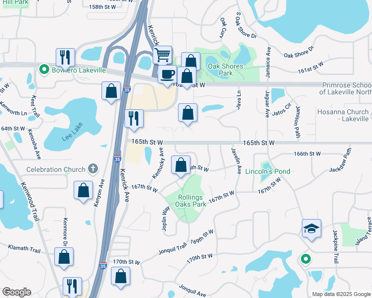 map of restaurants, bars, coffee shops, grocery stores, and more near 16532 Joplin Path in Lakeville