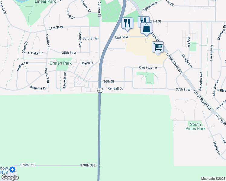 map of restaurants, bars, coffee shops, grocery stores, and more near 575 Kendall Drive in Hastings