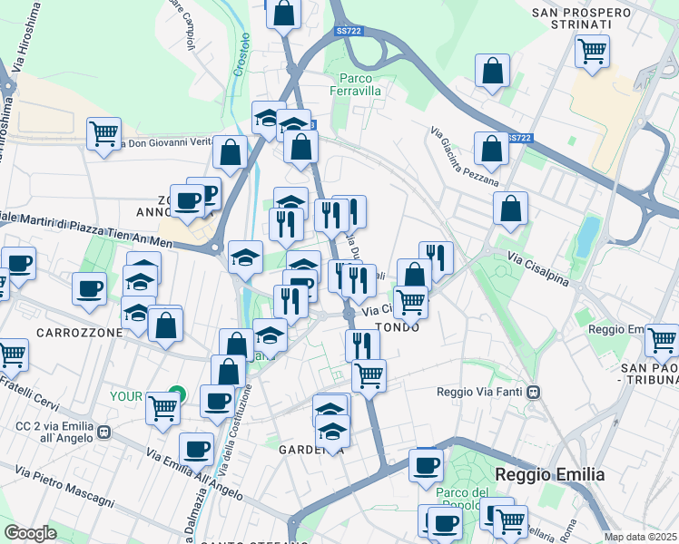 map of restaurants, bars, coffee shops, grocery stores, and more near 22-24 Via Fratelli Manfredi in Reggio Emilia