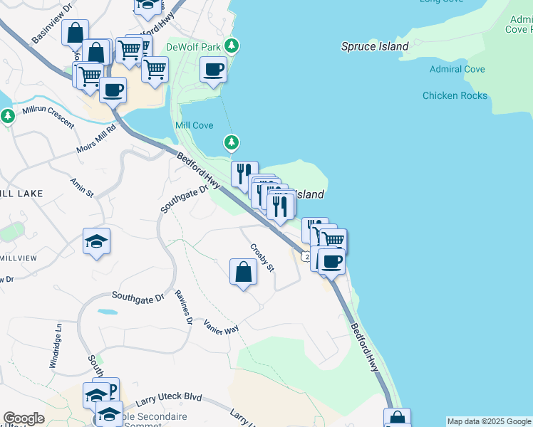 map of restaurants, bars, coffee shops, grocery stores, and more near 815 Bedford Highway in Bedford
