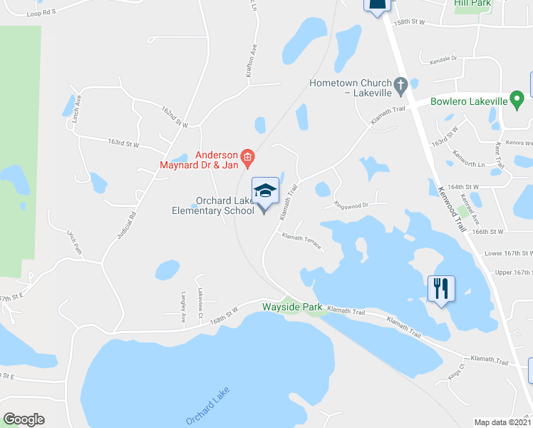 map of restaurants, bars, coffee shops, grocery stores, and more near 16531 Klamath Trail in Lakeville