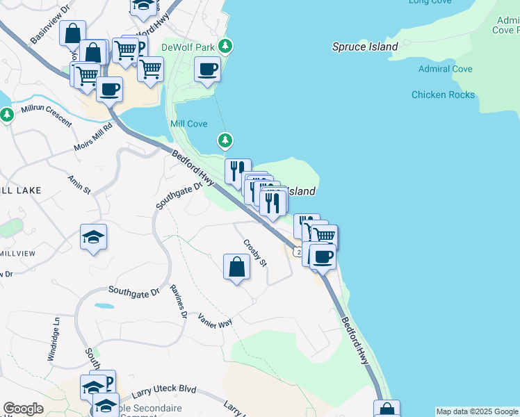 map of restaurants, bars, coffee shops, grocery stores, and more near 815 Bedford Highway in Bedford