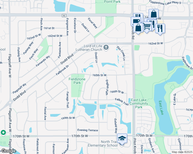 map of restaurants, bars, coffee shops, grocery stores, and more near 16491 165th Street West in Lakeville