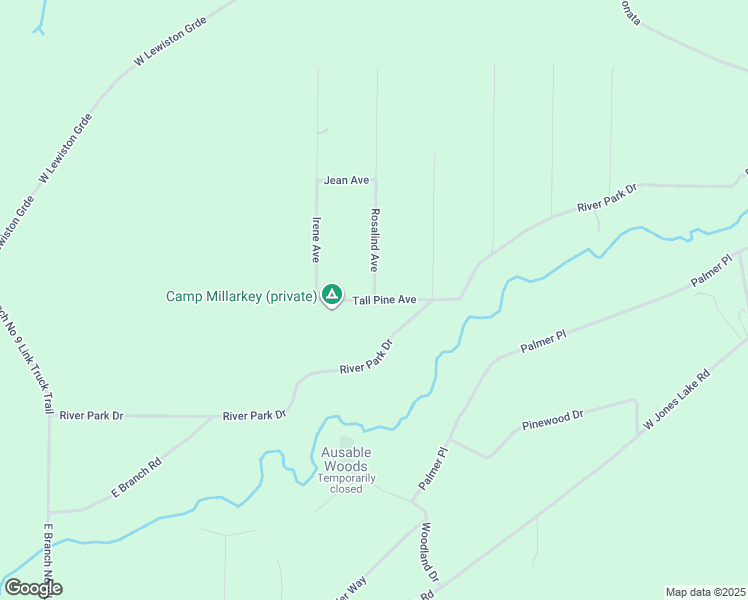 map of restaurants, bars, coffee shops, grocery stores, and more near 1801 Rosalind Avenue in Grayling