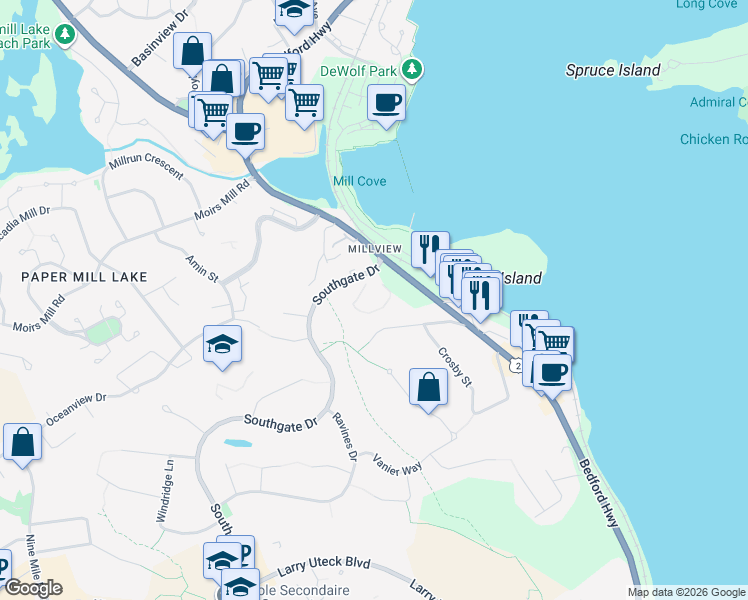 map of restaurants, bars, coffee shops, grocery stores, and more near 36 Southgate Drive in Bedford