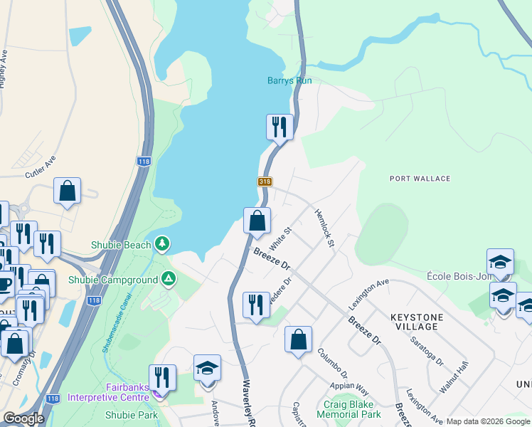 map of restaurants, bars, coffee shops, grocery stores, and more near 354 Waverley Road in Dartmouth