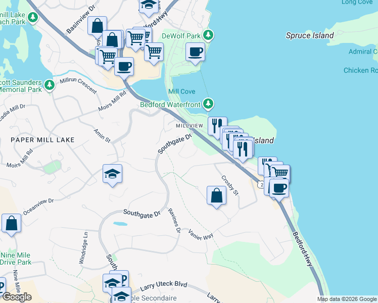 map of restaurants, bars, coffee shops, grocery stores, and more near 36 Southgate Drive in Bedford