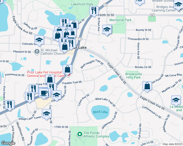 map of restaurants, bars, coffee shops, grocery stores, and more near 16429 Timber Crest Drive Southeast in Prior Lake