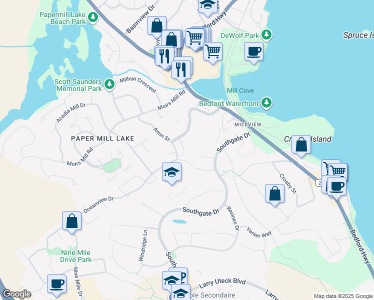 map of restaurants, bars, coffee shops, grocery stores, and more near 11 Amin Street in Bedford