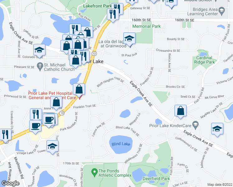 map of restaurants, bars, coffee shops, grocery stores, and more near 16429 Timber Crest Drive Southeast in Prior Lake