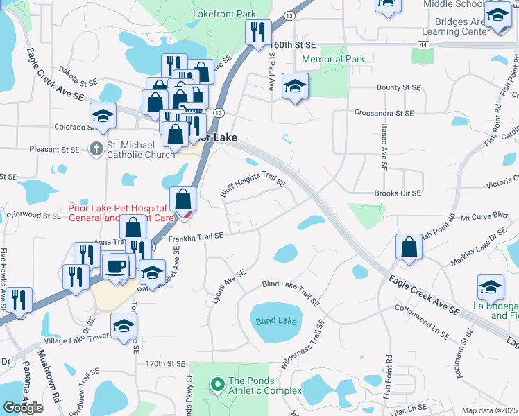 map of restaurants, bars, coffee shops, grocery stores, and more near 16429 Timber Crest Drive Southeast in Prior Lake