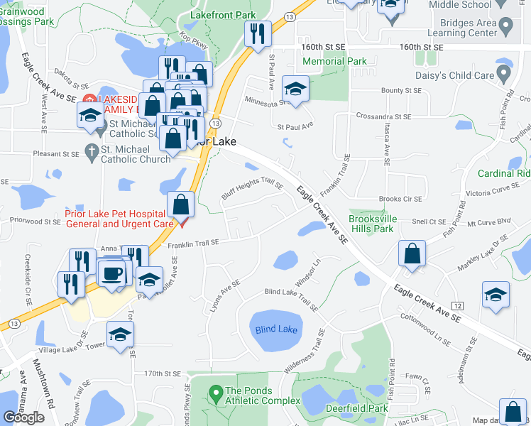 map of restaurants, bars, coffee shops, grocery stores, and more near 16429 Timber Crest Drive Southeast in Prior Lake