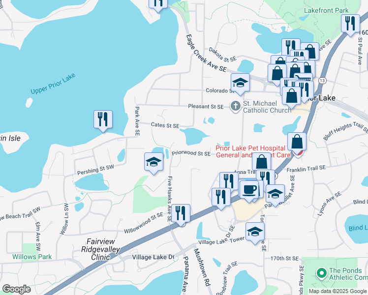 map of restaurants, bars, coffee shops, grocery stores, and more near 16535 Priorwood Street Southeast in Prior Lake