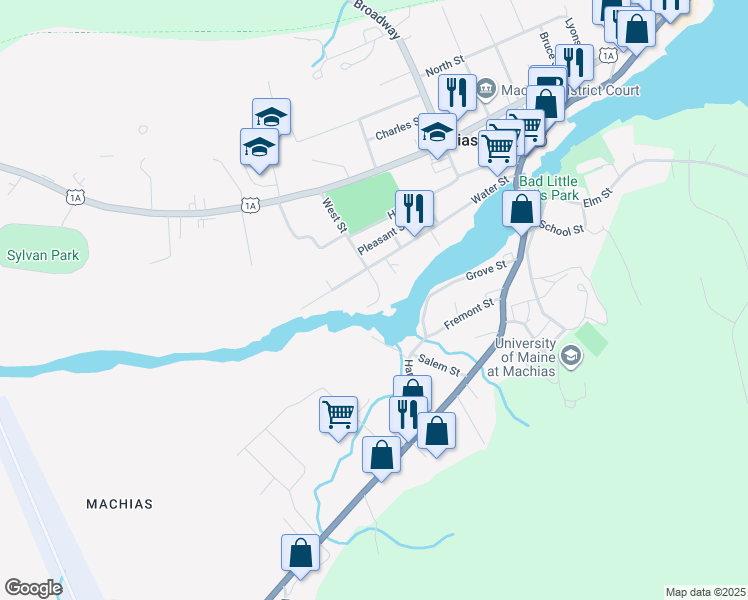 map of restaurants, bars, coffee shops, grocery stores, and more near 55 West Street in Machias