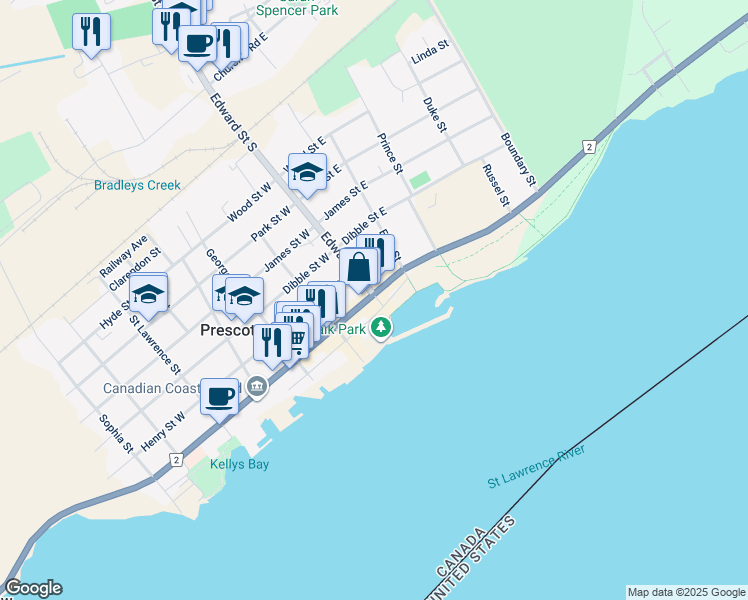 map of restaurants, bars, coffee shops, grocery stores, and more near 131 King Street West in Prescott
