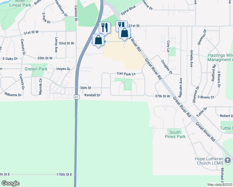 map of restaurants, bars, coffee shops, grocery stores, and more near 3685 Sirett Court in Hastings