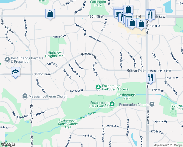 map of restaurants, bars, coffee shops, grocery stores, and more near 16478 Hallmark Path in Lakeville
