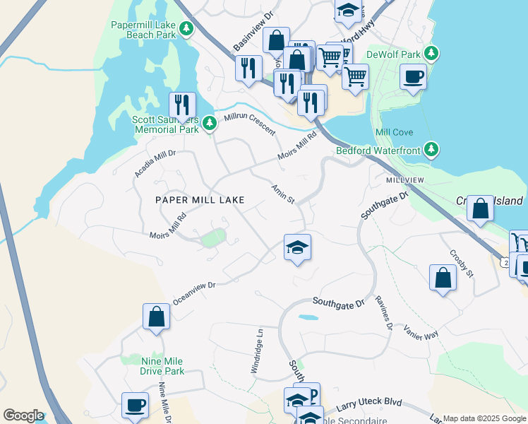 map of restaurants, bars, coffee shops, grocery stores, and more near 7 Edwin Ford Court in Bedford