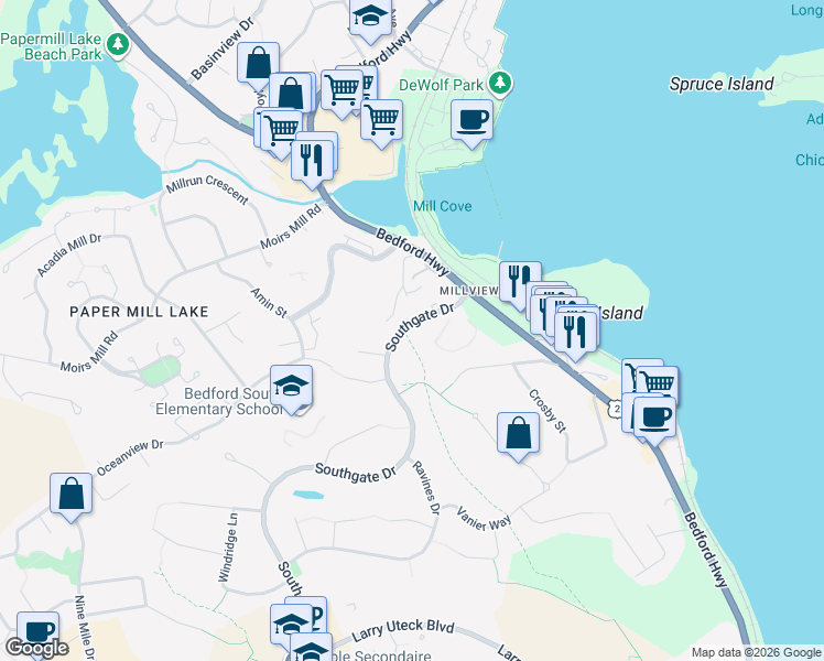 map of restaurants, bars, coffee shops, grocery stores, and more near 46 Southgate Drive in Bedford