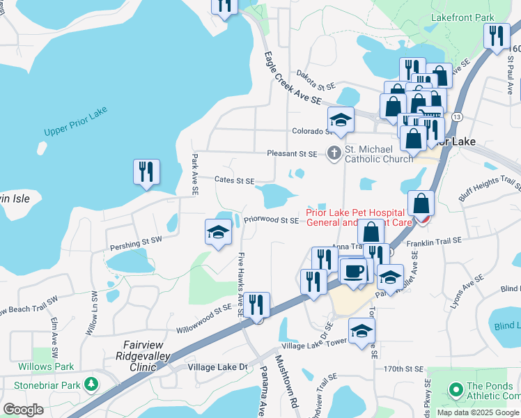 map of restaurants, bars, coffee shops, grocery stores, and more near 16535 Tranquility Court in Prior Lake
